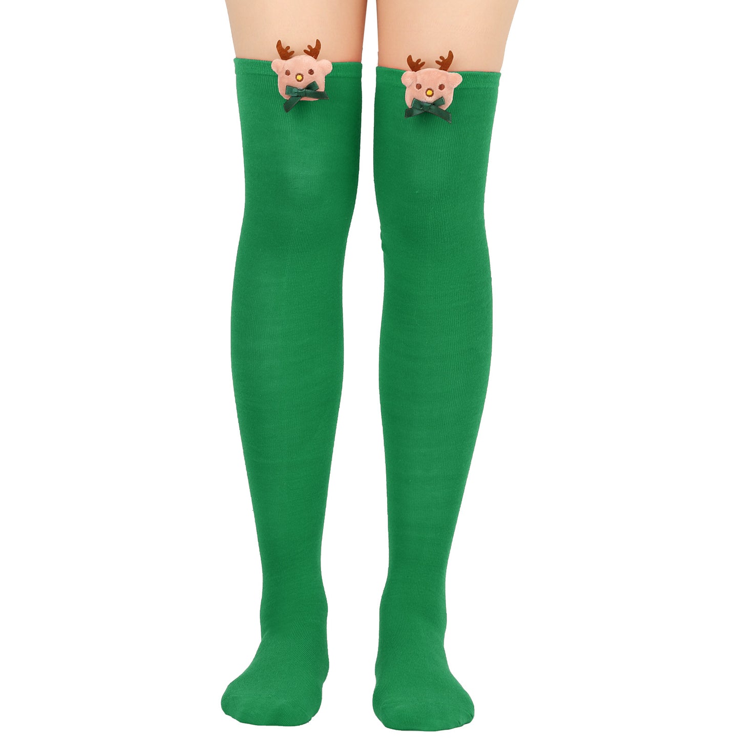 Green thigh-high socks with reindeer faces and brown antlers near the top, featuring small black bows beneath the reindeer.