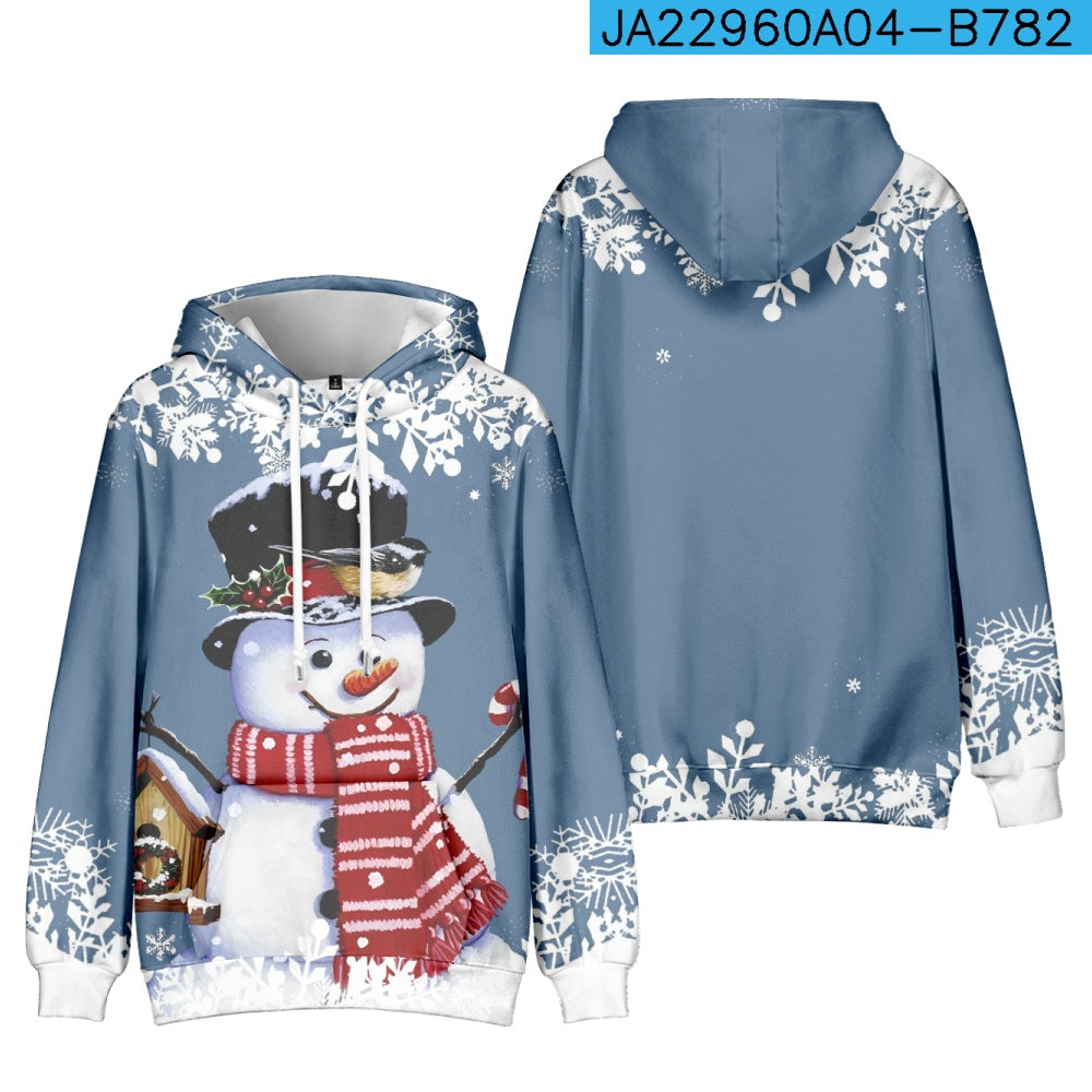 Blue hoodie with snowman design. The snowman wears a black hat and red scarf, holding a candy cane. Snowflakes decorate the hoodie, with a bird perched on the hat.