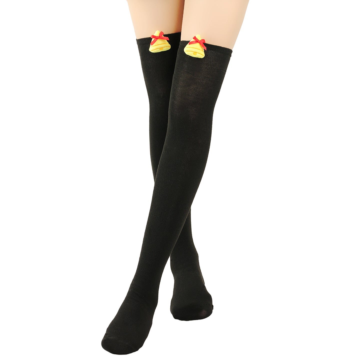 Black thigh-high socks with small yellow bell decorations, tied with red bows, near the top.