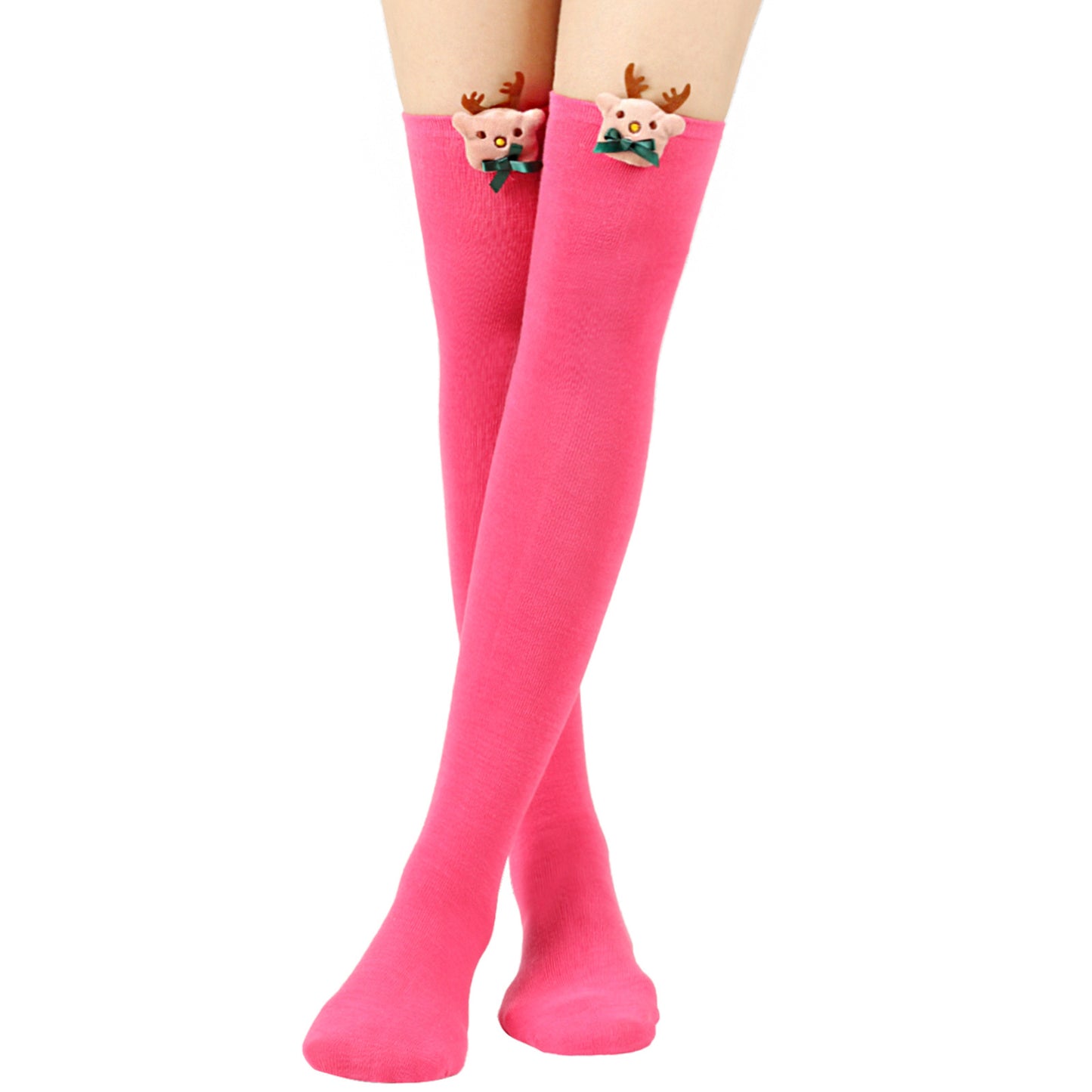 Bright pink knee-high socks with cute reindeer decorations at the top, featuring antlers and red noses. The socks are worn above the knees, adding a playful touch.
