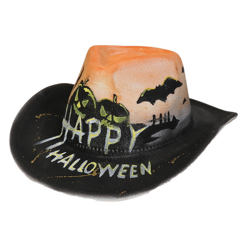 Black cowboy hat with "Happy Halloween" text, featuring painted jack-o'-lanterns, bats, and a spooky skyline on an orange background.