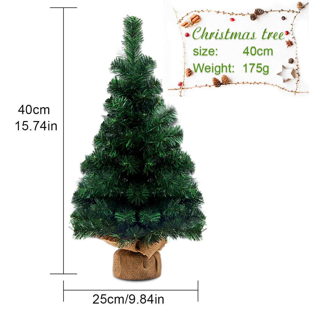 Small artificial Christmas tree, 40cm tall and 25cm wide, weighing 175g. It features green branches and is set in a burlap-wrapped base.