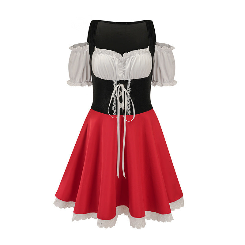 Red skirted dress with a white puffed-sleeve top, black bodice with lace-up front, white lace trim. Styled in a festive, vintage design.