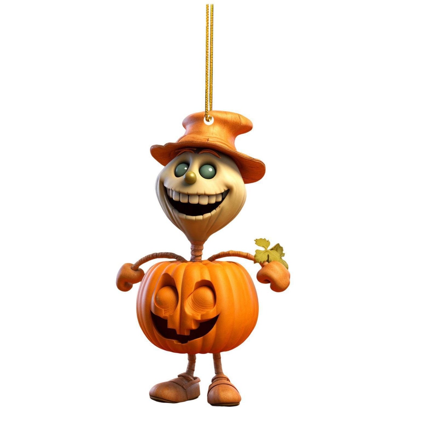 A smiling pumpkin-themed character decoration with a carved jack-o'-lantern body, green eyes, wide grin, orange hat, and thin arms, hanging by a looped orange string.