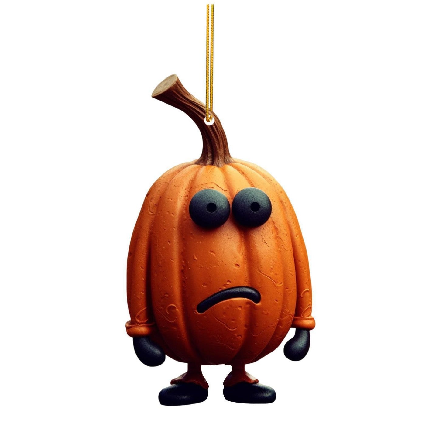 A cute, cartoonish pumpkin ornament with a sad expression, large googly eyes, black gloves, and boots, hanging by a golden string against a white background.