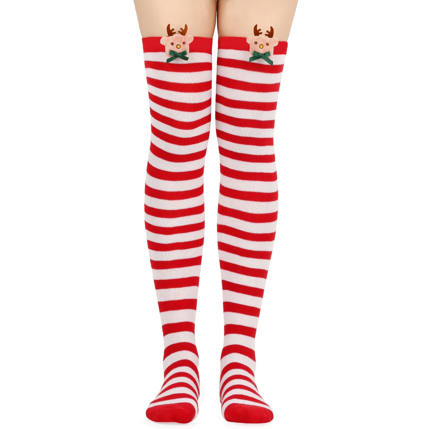 Red and white striped knee-high socks with a reindeer design at the top, featuring antlers and a green bow.