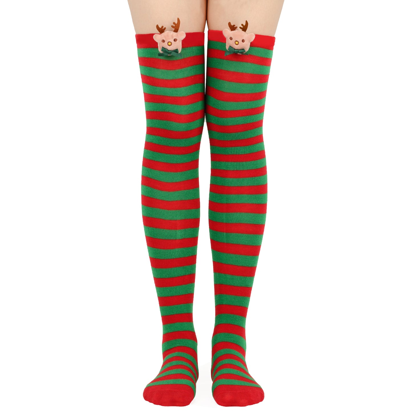 Knee-high socks with red and green stripes, featuring festive reindeer at the top.