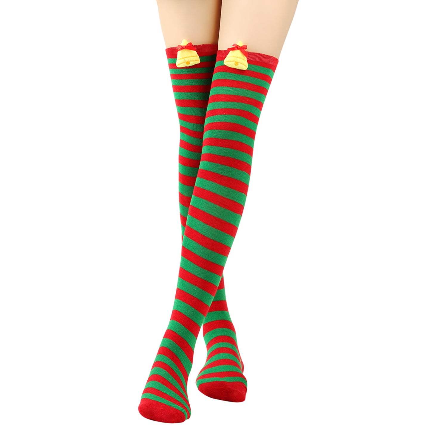 Green and red striped over-the-knee socks with yellow bell decorations near the top, worn on crossed legs.