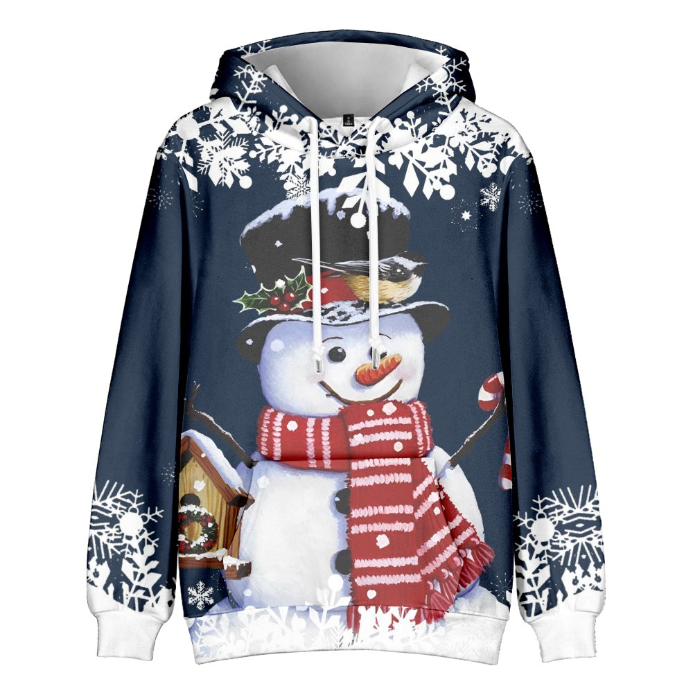 Hoodie with a cheerful snowman design, featuring a red scarf, black top hat adorned with holly, and a bird. Snowflakes decorate the navy blue background.