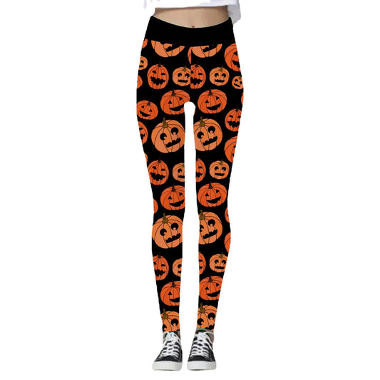 Black leggings featuring an all-over pattern of orange jack-o'-lanterns with various facial expressions. Worn with black and white sneakers.