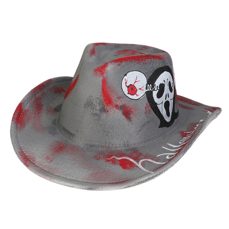 Gray cowboy hat with red splatters, featuring a painted ghostly face and a red-eyed circle design.