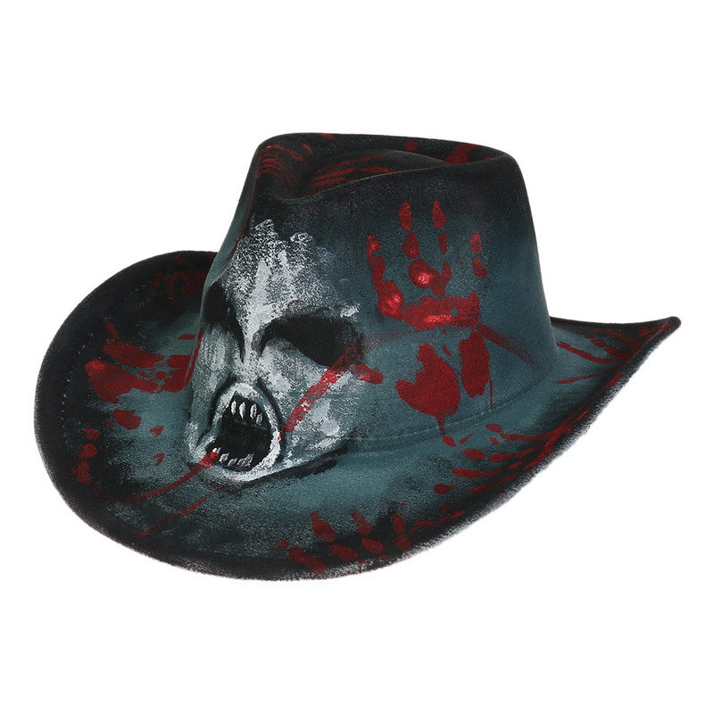 Dark cowboy hat featuring a menacing face with gaping mouth and sharp teeth, decorated with red handprints and streaks, creating a spooky, Halloween-themed design.