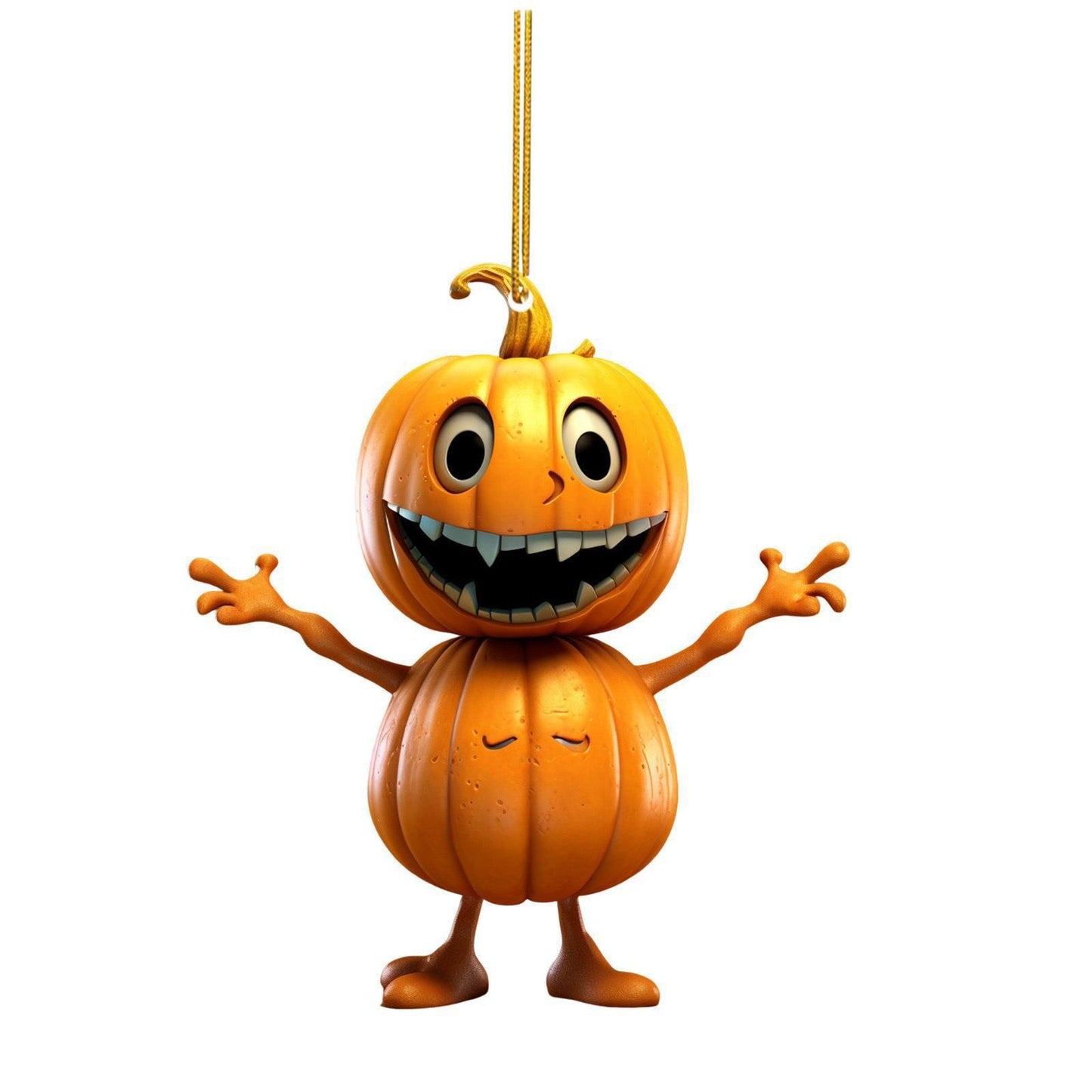 A grinning, animated pumpkin character with wide eyes and raised arms, suspended by a string. The pumpkin has a carved mouth and simplistic features on a white background.