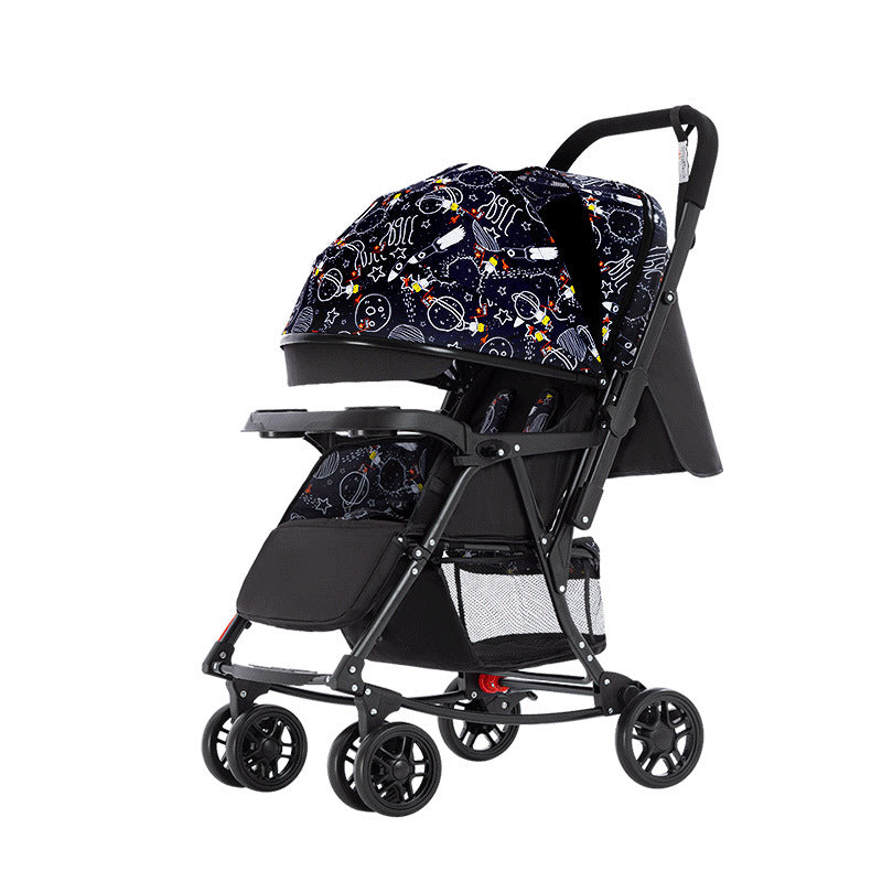 A black baby stroller with colorful space-themed patterns on the canopy and seat, featuring a cup holder tray, four wheels, and a storage basket underneath.