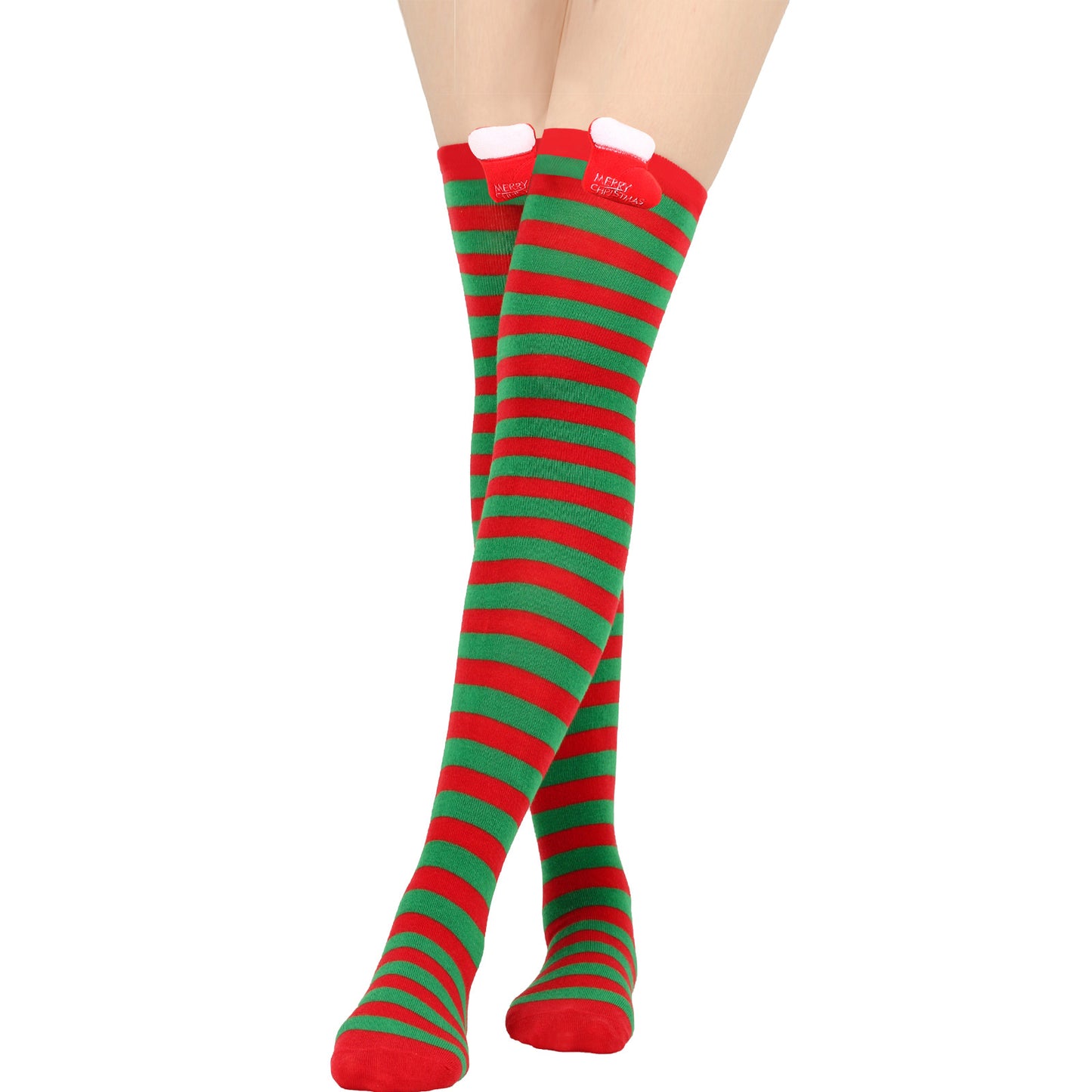 The image shows a person's legs wearing knee-high socks with red and green horizontal stripes. The tops have white fluffy accents resembling Santa hats.