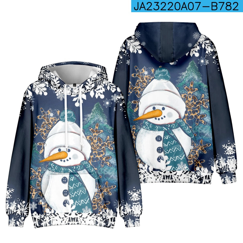 Festive hoodies featuring a cheerful snowman with a carrot nose, snowflakes, and evergreen trees on a blue background. The design includes white drawstrings and cuffs.
