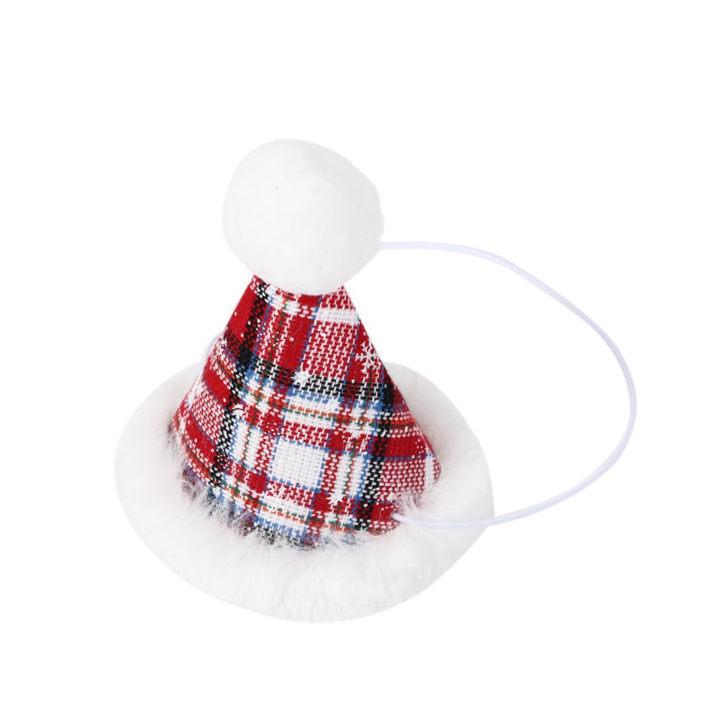 Red and white plaid cone hat with a fluffy white brim and pom-pom, attached to a thin white elastic band, on a plain white background.