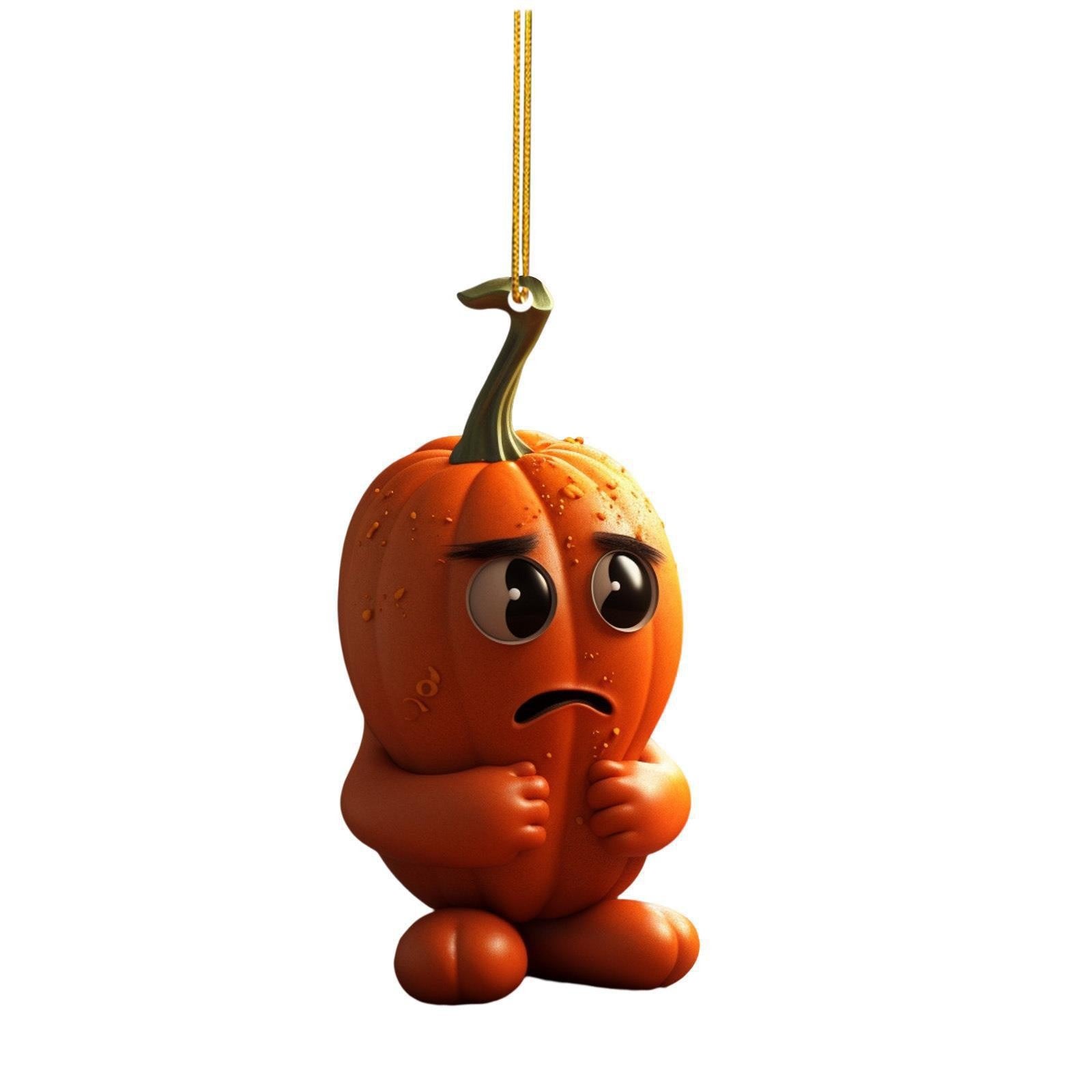 Animated pumpkin character with a worried expression, holding its hands close. It has large eyes, a small stem, and is suspended by a gold string on a white background.