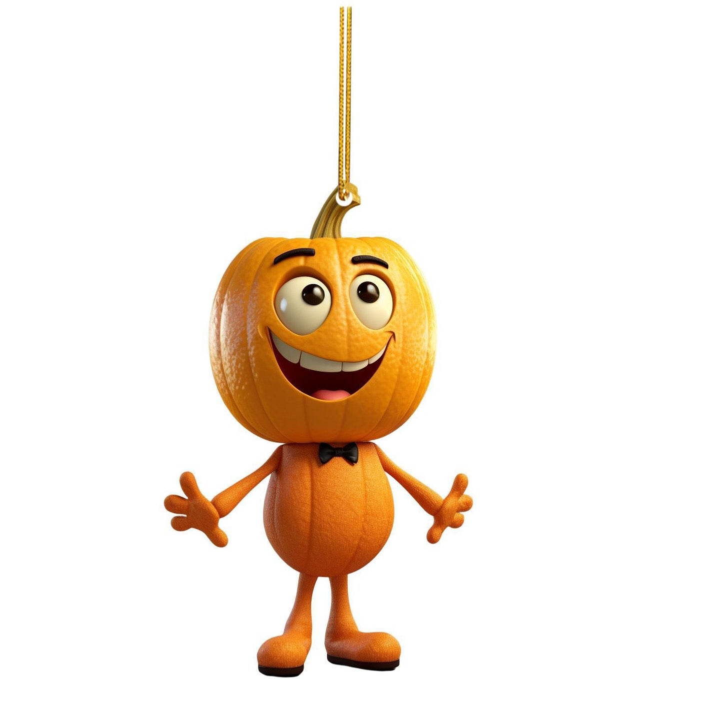 Cartoon pumpkin character with a smiling face, large eyes, and a bowtie, hanging on a string. The body and head are both pumpkin-shaped with a playful expression.