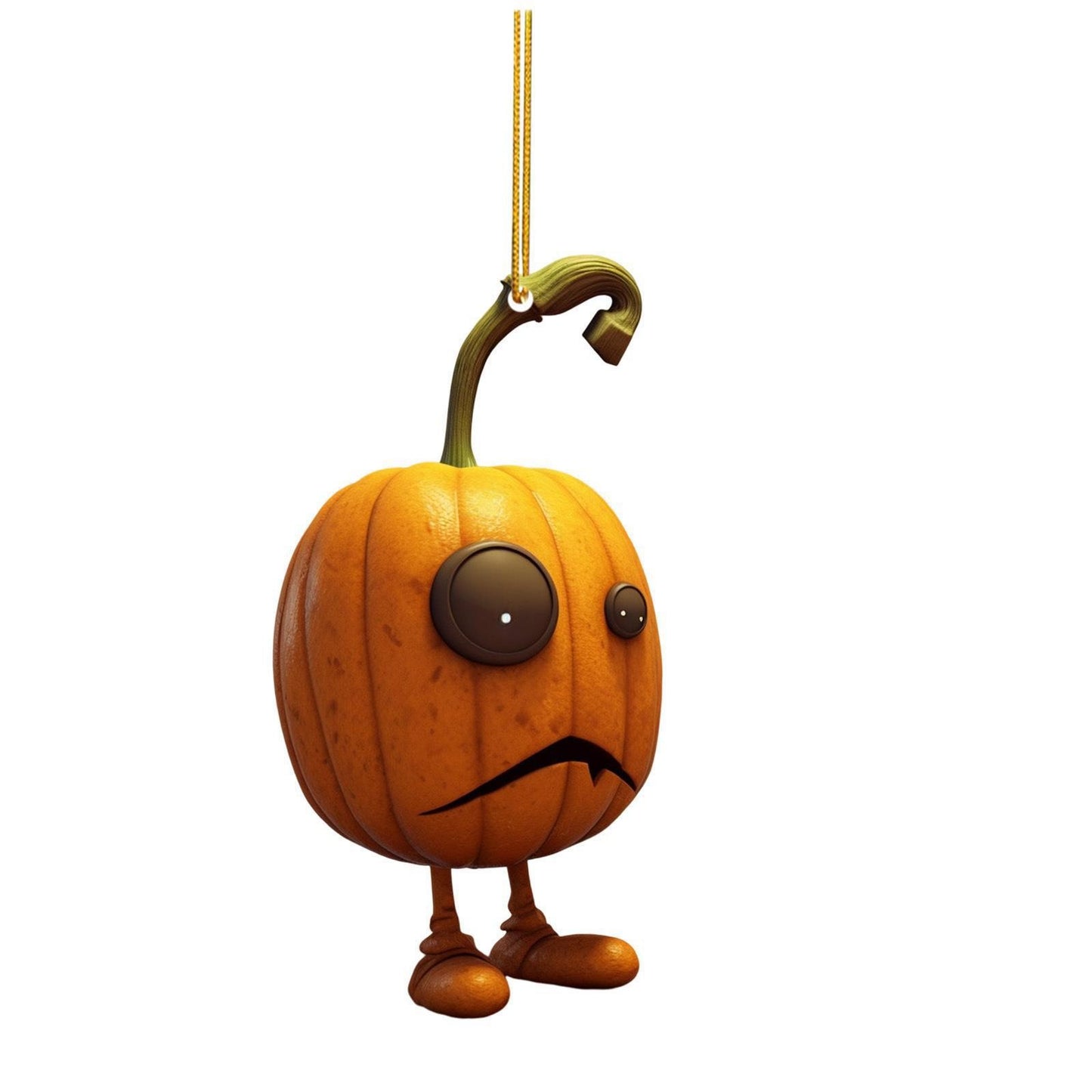 A cartoon pumpkin character with large eyes, a sad mouth, legs, and feet, hanging from a bent stem by a string on a white background.