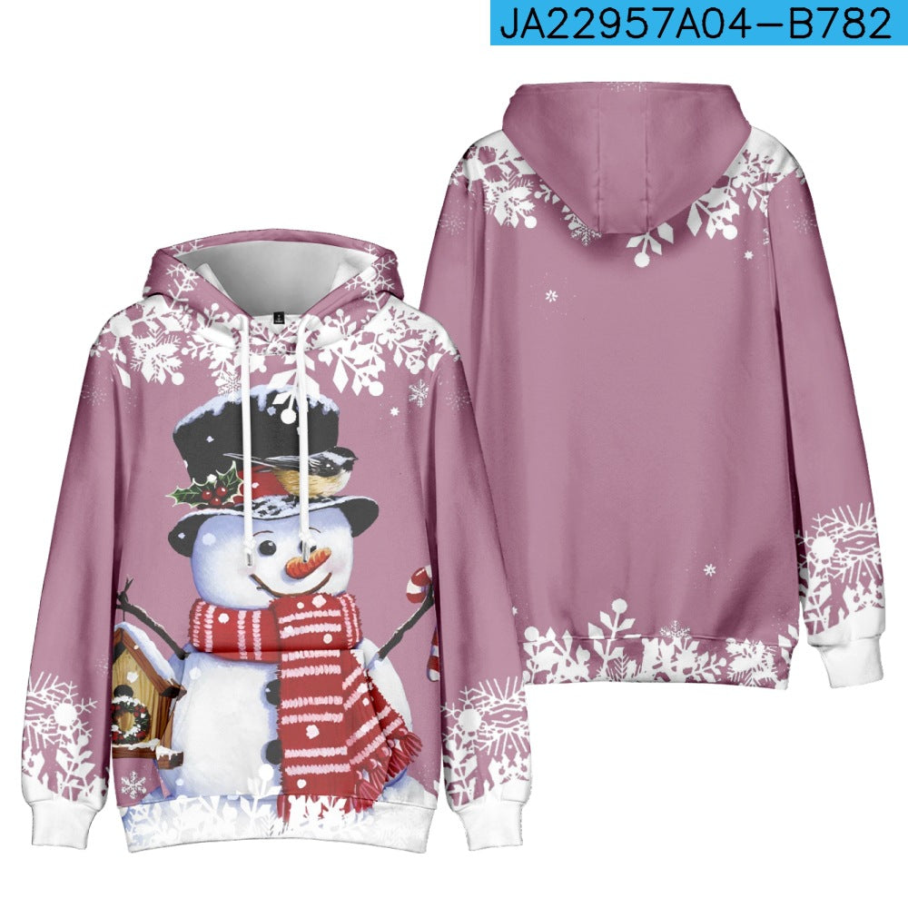 Pink hoodie with a snowman wearing a red striped scarf and top hat on the front. Snowflakes decorate the hood and sleeves, with a plain back featuring a snowflake border.