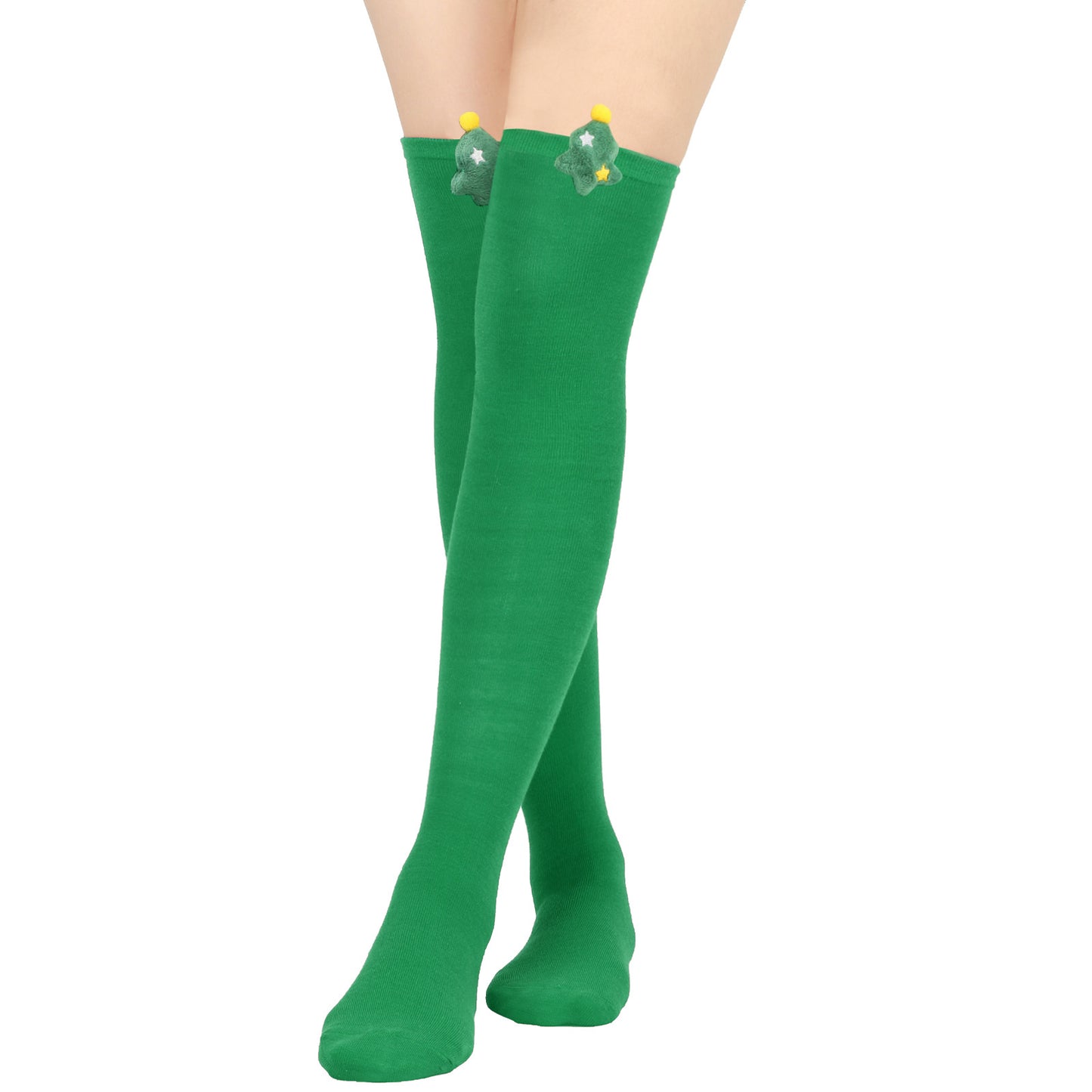 Woman wearing knee-high green socks with plush cactus decorations near the top. The socks cover the legs up to just above the knees, set against a plain white background.