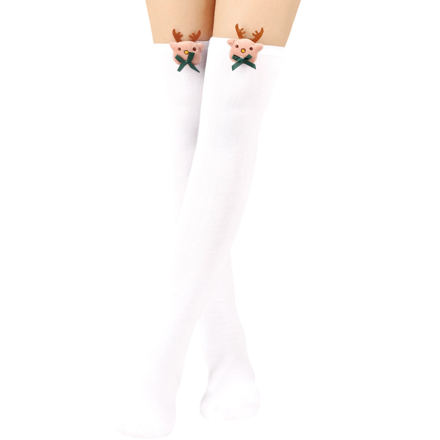 Woman wearing white thigh-high socks featuring reindeer faces with antlers and green bows near the tops.