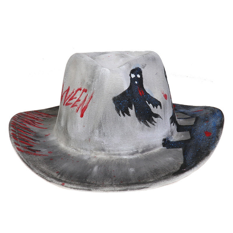 A gray cowboy hat with red splatters and "WEEN" written in red. It features a painted black ghost figure with white eyes and red mouth, adding a spooky Halloween theme.