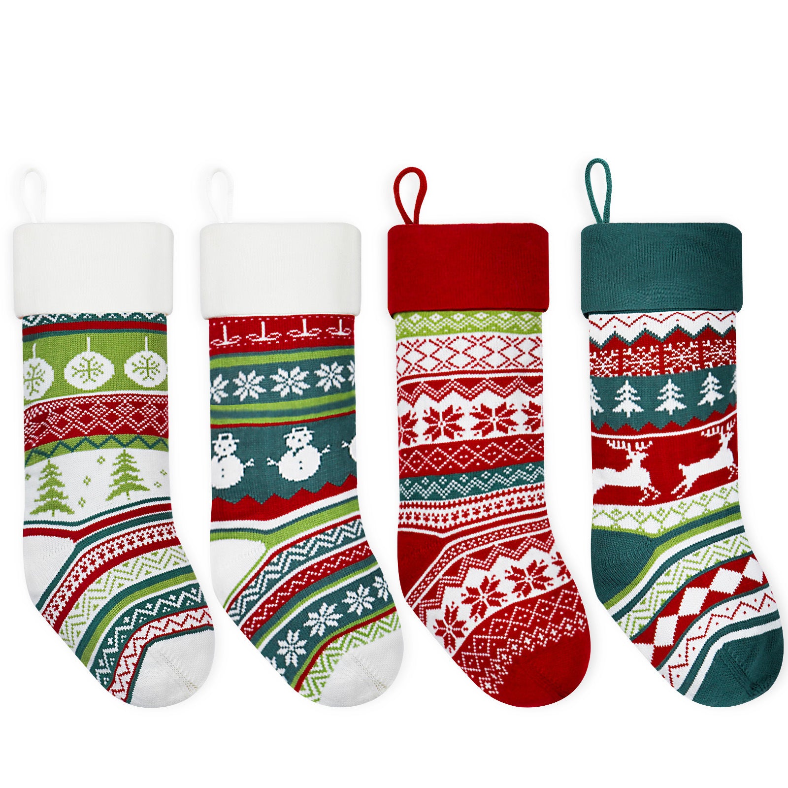 Four Christmas stockings with festive designs, including snowflakes, snowmen, Christmas trees, and reindeer, in red, green, white, and teal colors hanging in a row.