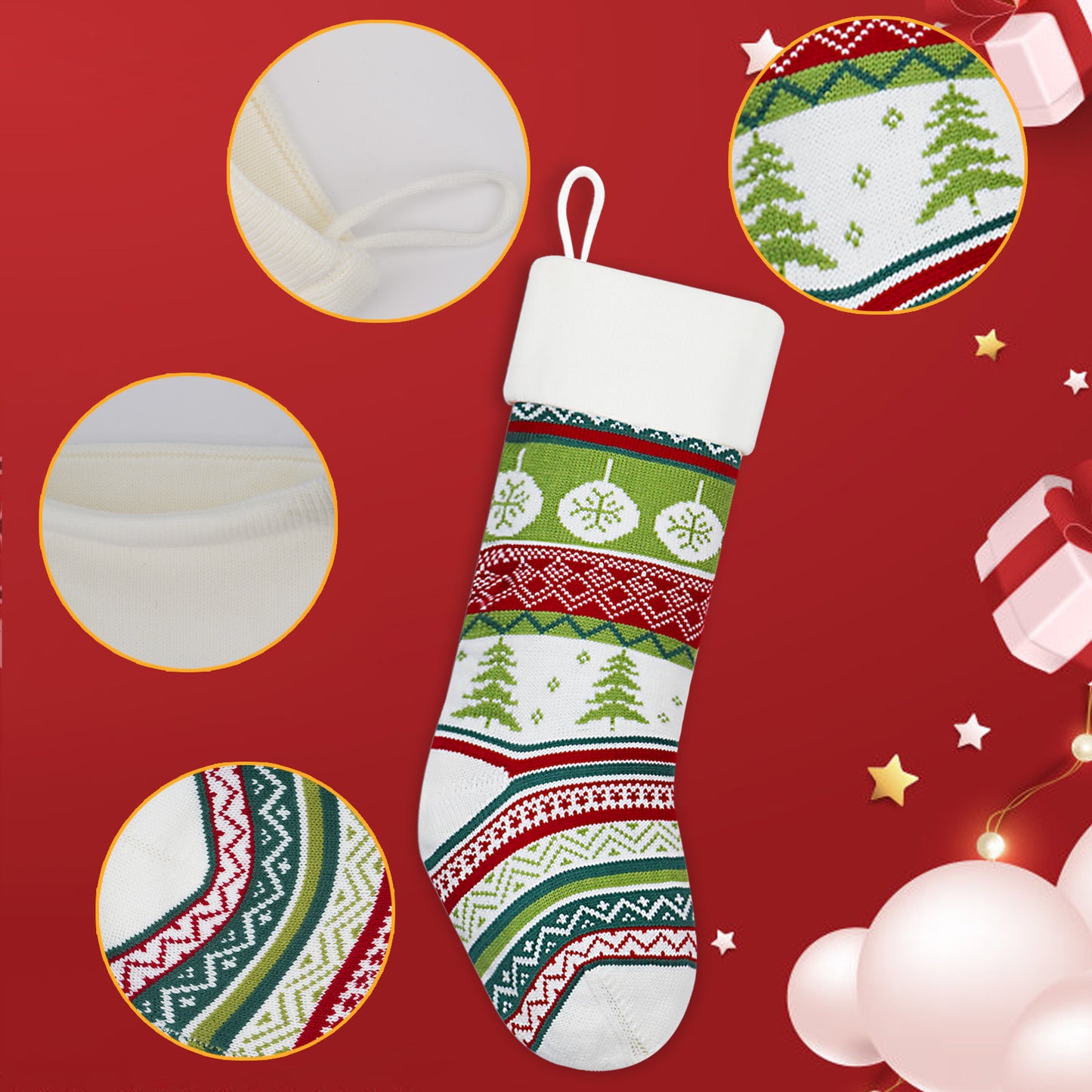 Festive Christmas stocking with a Nordic pattern featuring trees and ornaments, highlighted with close-up details. Background has gifts and stars on a red backdrop.