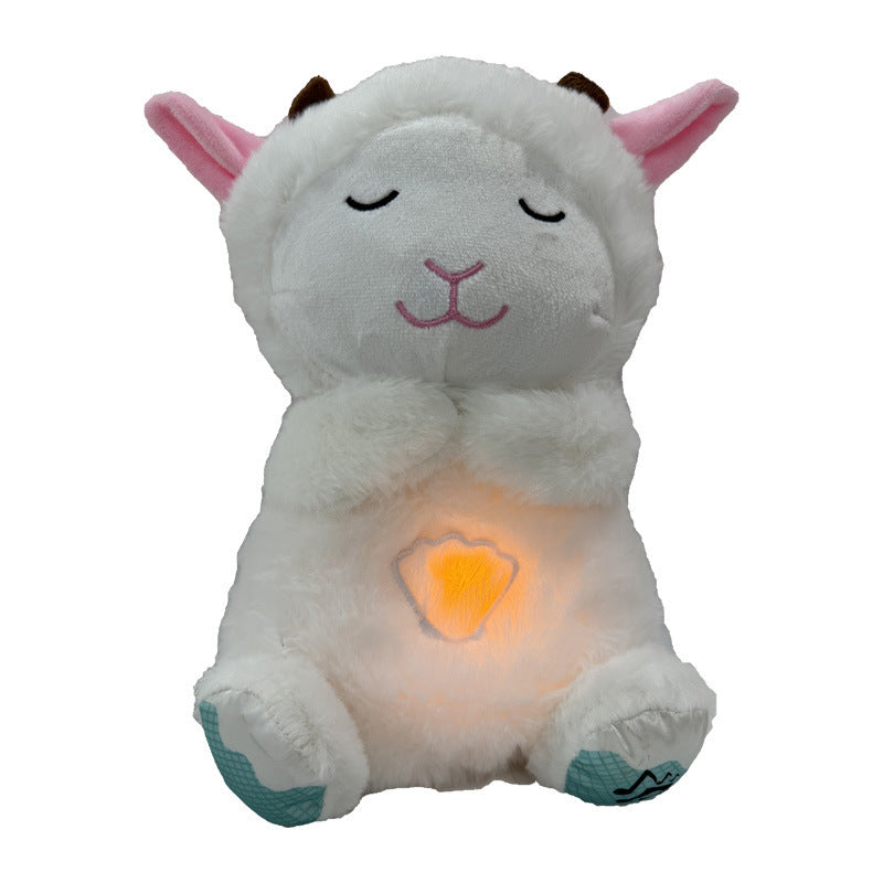White plush llama toy with eyes closed, pink nose, light brown ears, white fur, and a glowing yellow-orange light in its belly, sitting with teal foot pads.