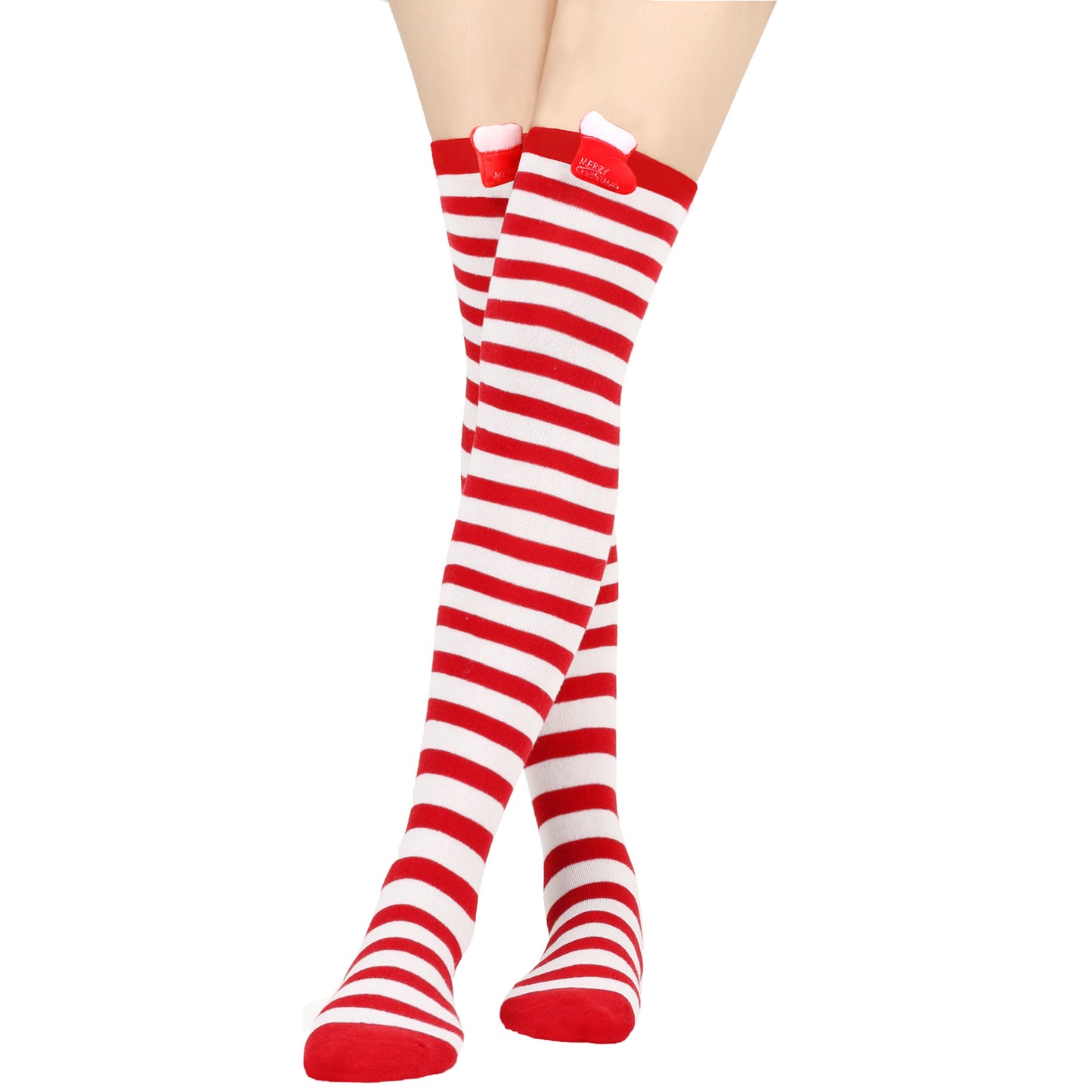 Knee-high socks with red and white stripes and bone-shaped detail at the top, displayed against a plain background.