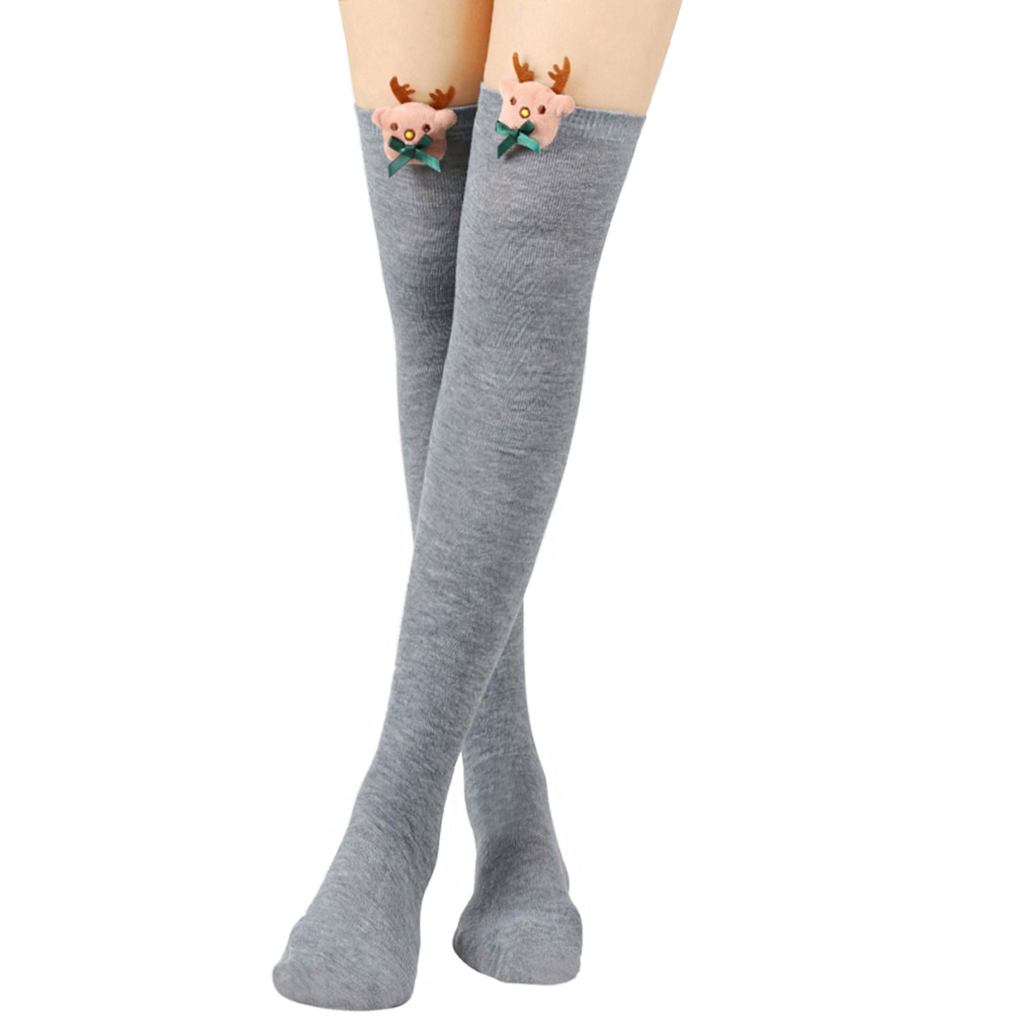 Gray knee-high socks with a cute reindeer head decoration at the top, featuring brown antlers and a green bowtie.