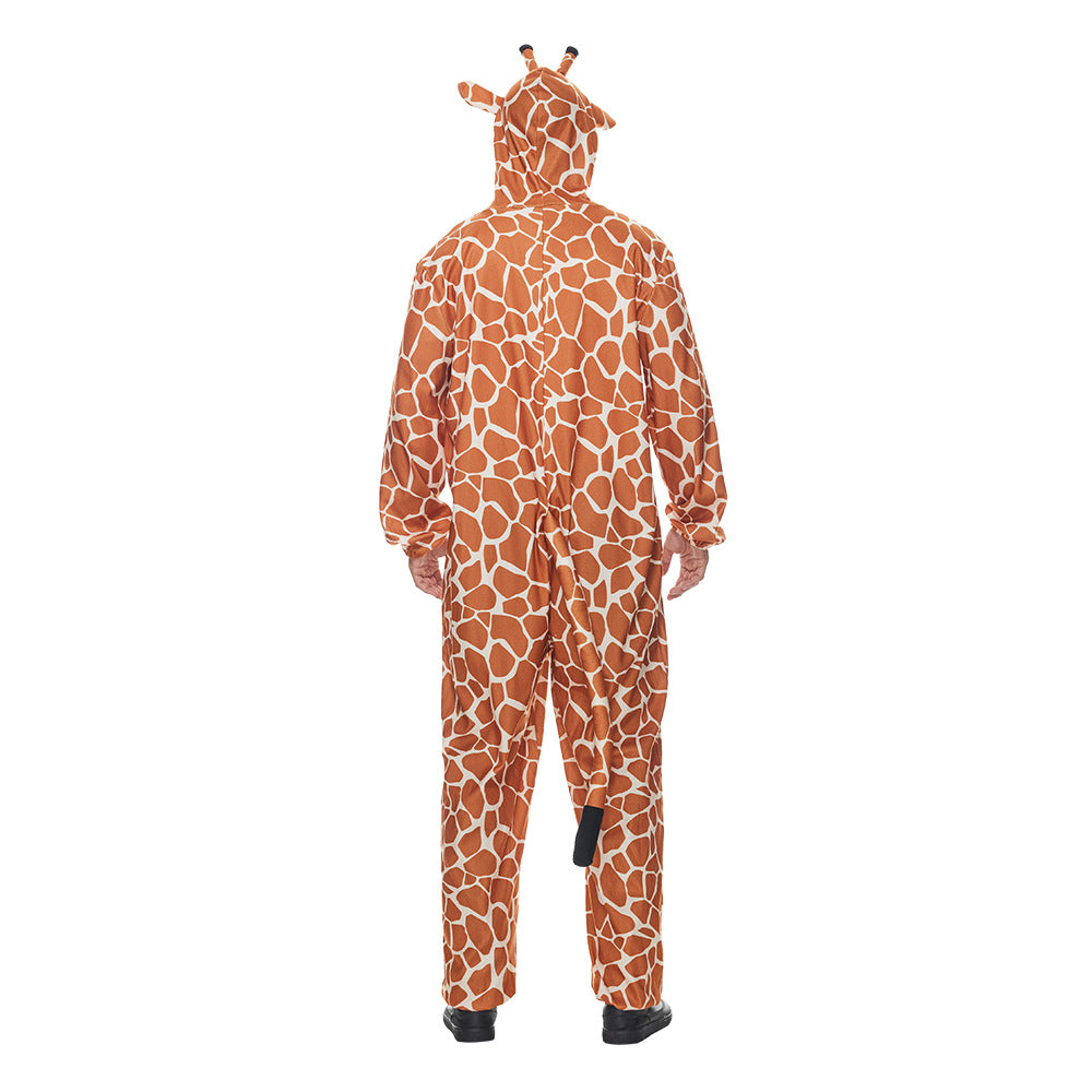 Person wearing a giraffe print onesie with hood and ears, viewed from the back. The outfit features a tan and white pattern, a small tail, and black shoes.