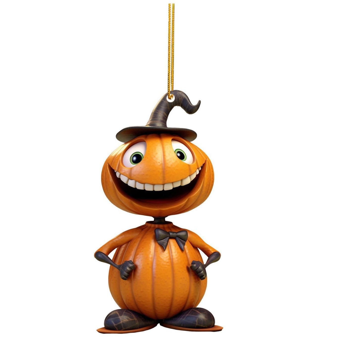 Smiling cartoon pumpkin character with a wide grin, wearing a bow tie and small top hat, hands on hips. It's hanging by a golden thread, resembling an ornament.