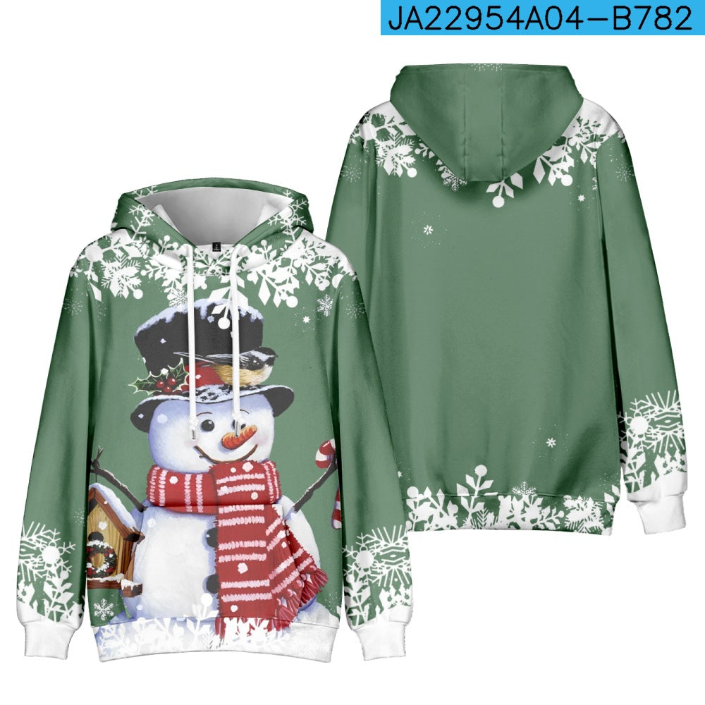 Green hoodie featuring a festive snowman with a red scarf, black hat, and holding a candy cane. Snowflakes decorate the hoodie, with a bird perched on the snowman's hat.