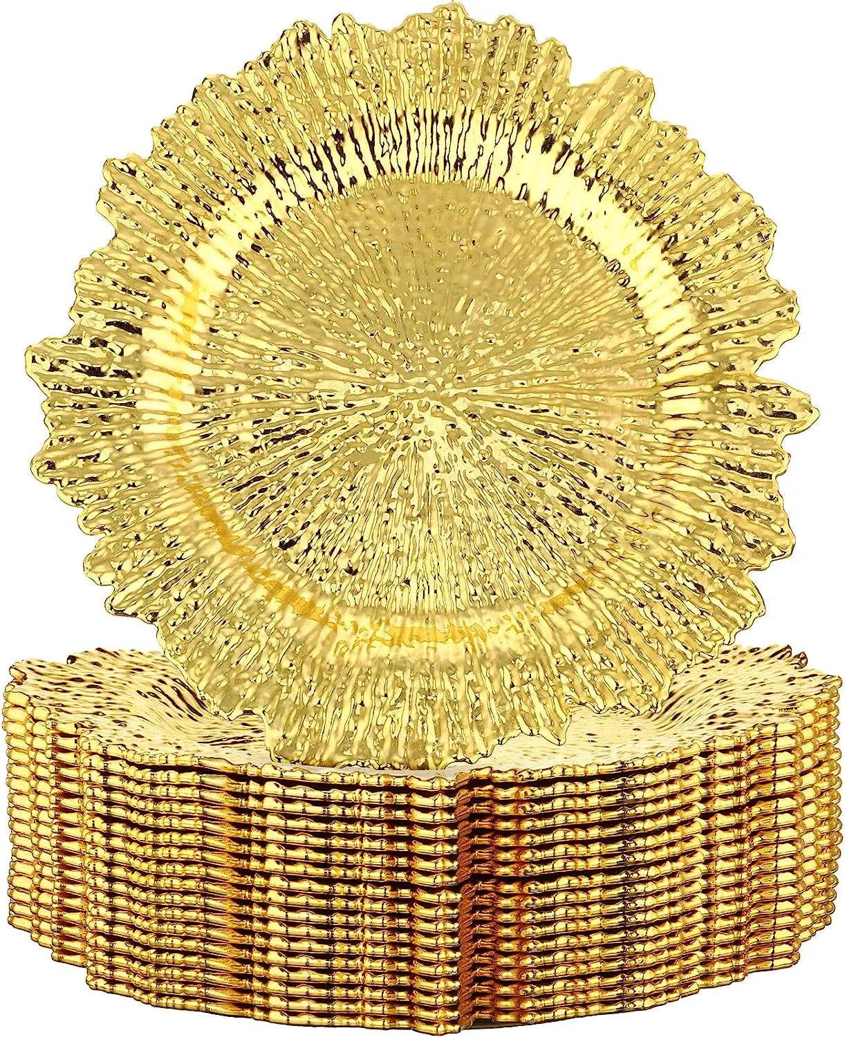 A stack of round, textured gold plates with a sunburst design. The shiny, intricate pattern highlights the elegant craftsmanship, creating a luxurious and decorative look.