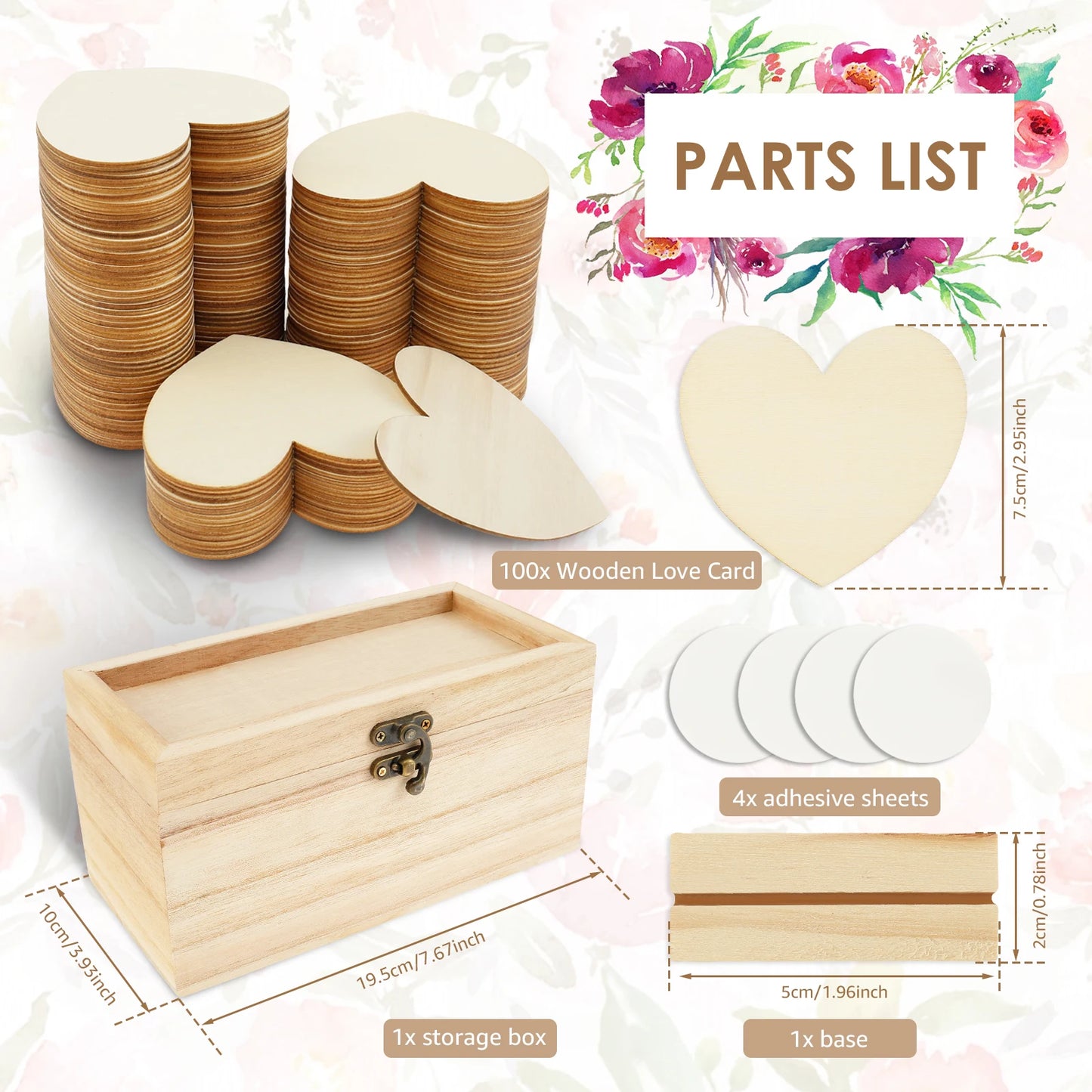 Alt text: Image displaying a parts list including 100 wooden heart-shaped cards, a wooden storage box, four adhesive sheets, and a wooden base. Measurements are indicated.