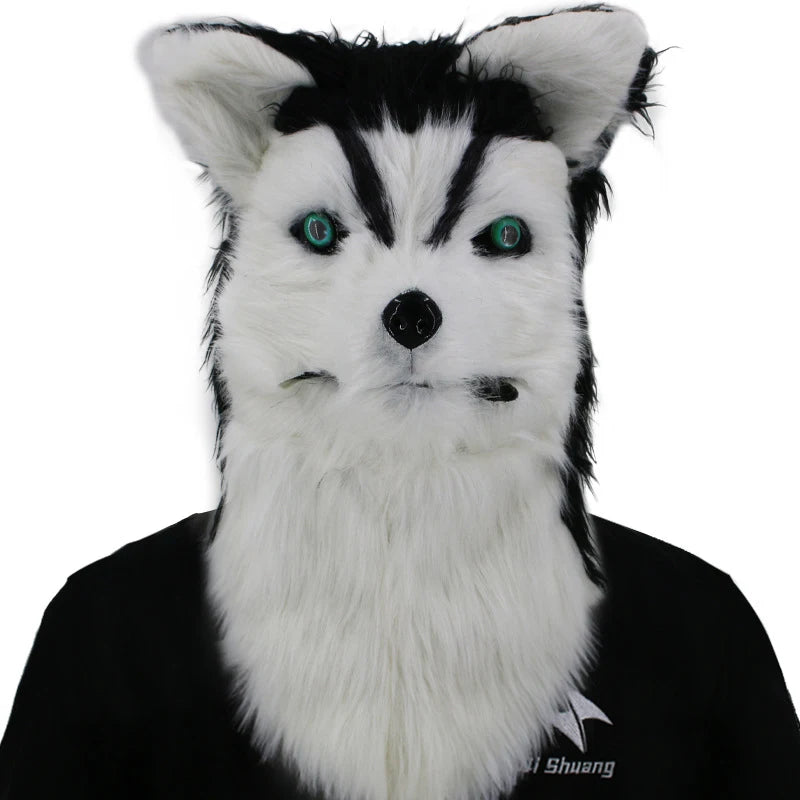 Realistic husky dog mask with striking green eyes and black markings on white fur, worn with a black outfit, against a white background.