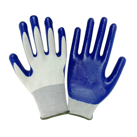A pair of work gloves with white fabric and blue rubber coating on the palms and fingers, designed for grip and protection. They have elastic cuffs for a secure fit.