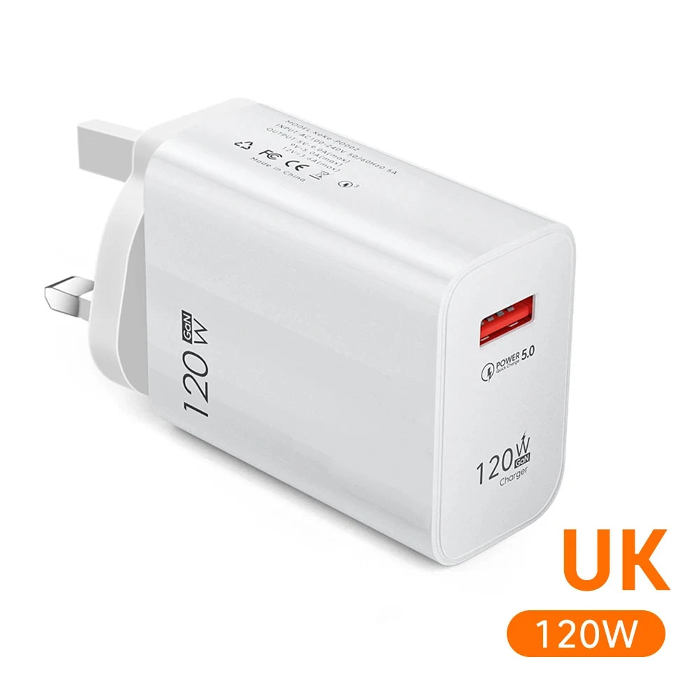 White 120W UK wall charger with a red USB port and Power 5.0 technology. Features include safety certifications and 3-prong plug. Text displays "UK 120W" in orange.