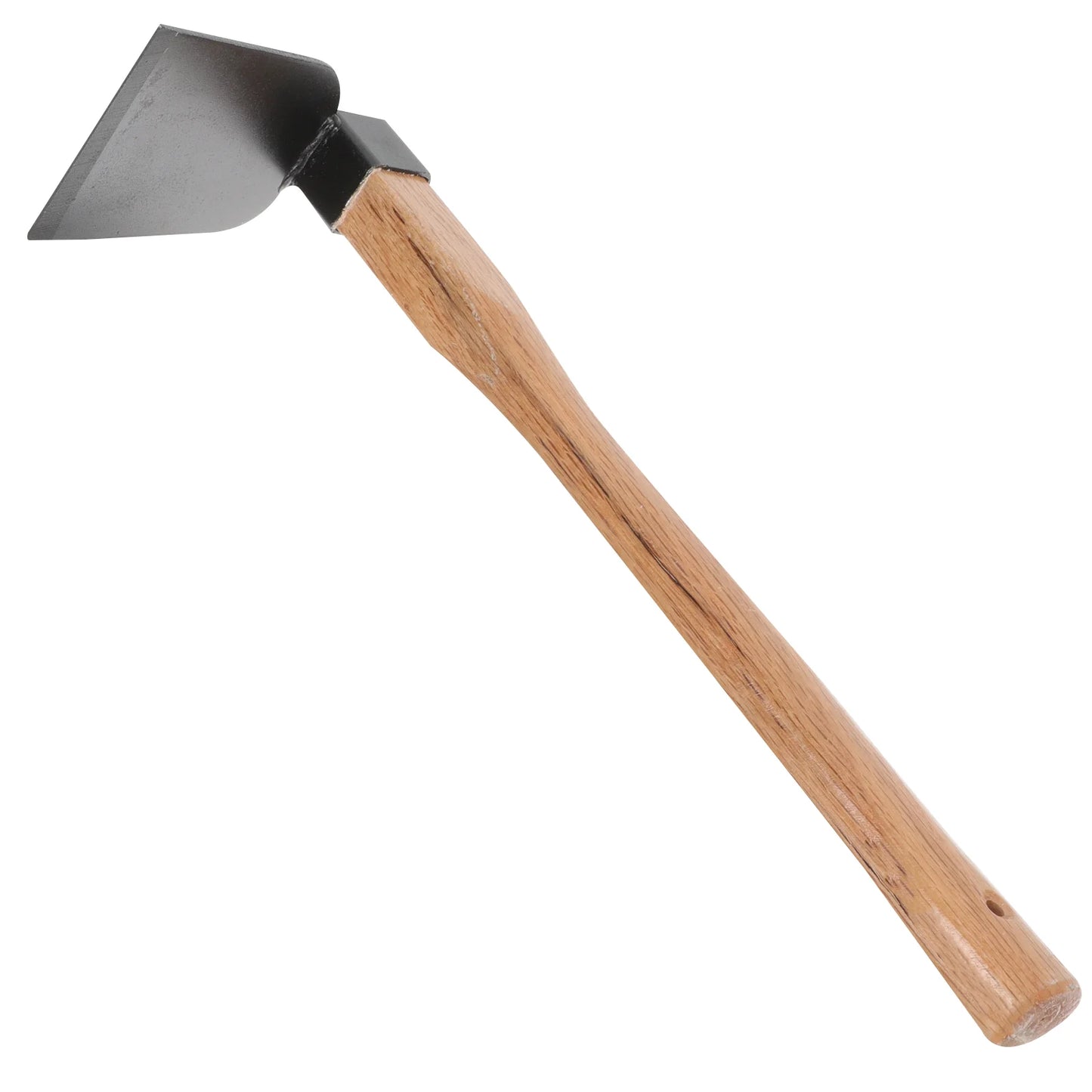 Wood-handled garden hoe with a curved black metal blade at the end, designed for digging and cultivating soil.