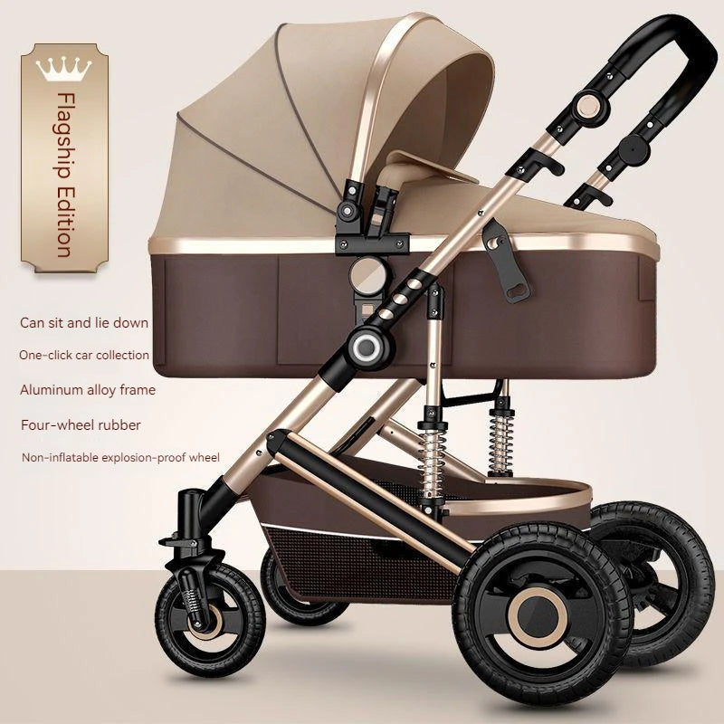 Luxury baby stroller in beige and brown, with an aluminum alloy frame. Features adjustable seat, four non-inflatable rubber wheels, and collapsible design. Text highlights key features.
