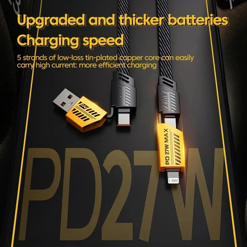 USB and charging cables labeled "PD 27W Max" on a dark background. Text highlights upgraded charging speed and efficiency with low-loss tin-plated copper cores.