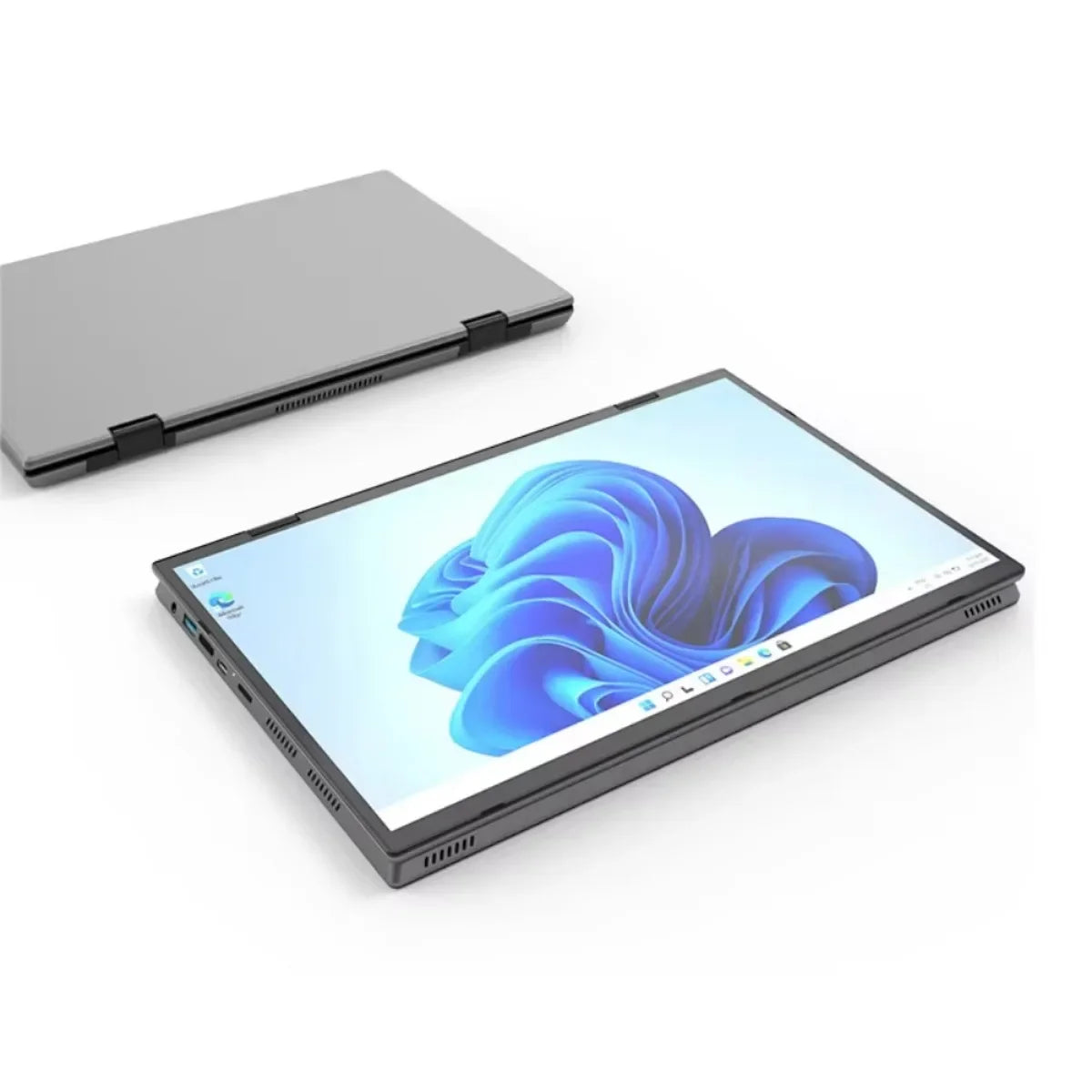 Convertible laptop shown in tablet mode with a vibrant blue abstract wallpaper. Another closed, grey device is in the background.