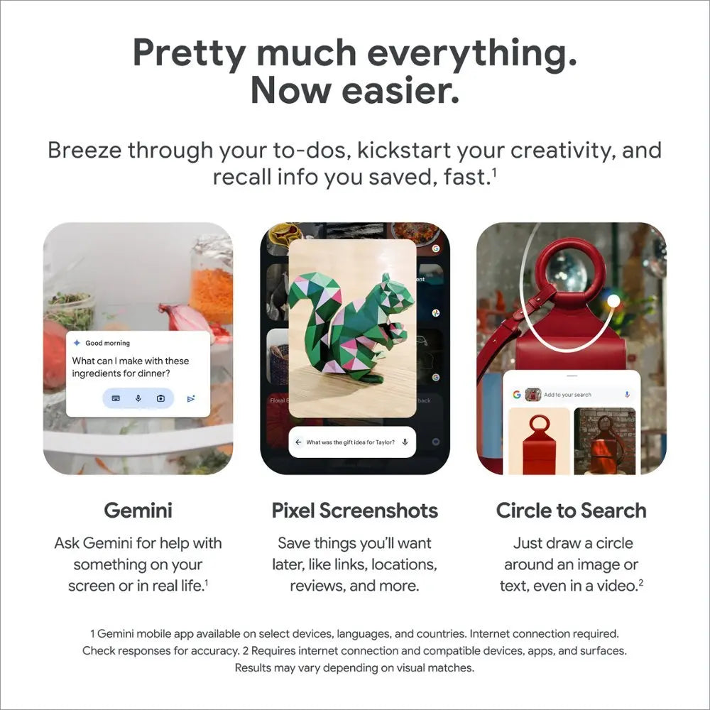 Promotional image showcasing three features: Gemini for assistance, Pixel Screenshots for saving items, and Circle to Search for quick info retrieval by drawing circles around objects.