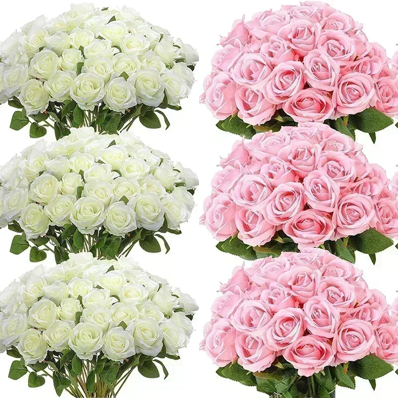 Bouquets of artificial roses displayed, with three bundles of white roses on the left and three bundles of pink roses on the right. Each bouquet is lush and vibrant with green leaves.