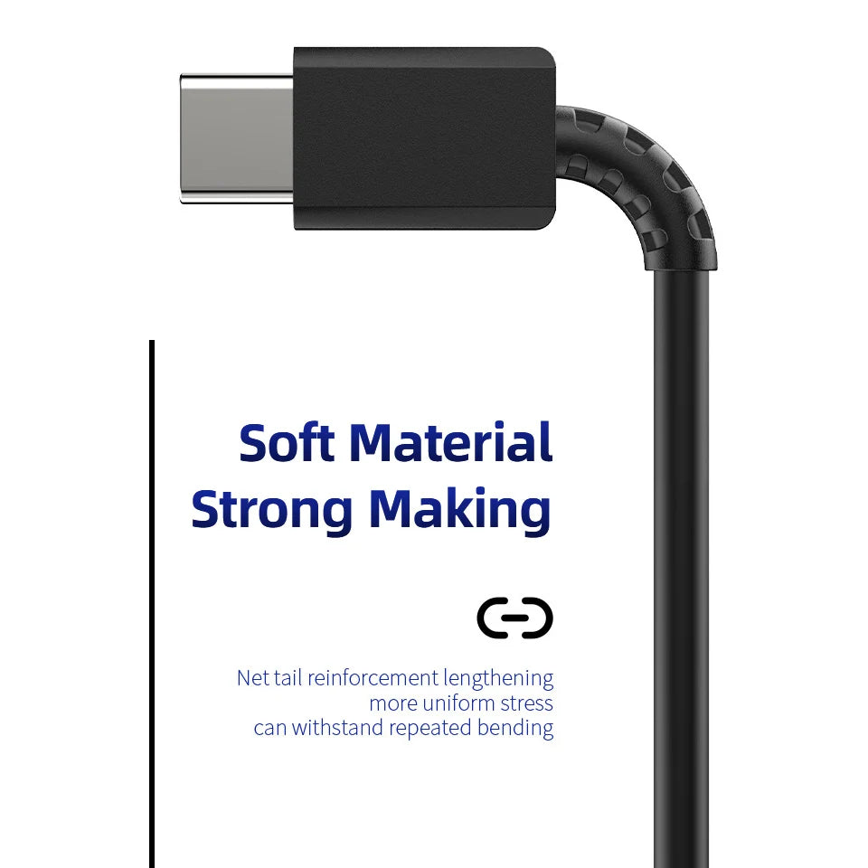 Black USB-C cable with a right-angle connector and reinforced bend. Text: "Soft Material, Strong Making" highlights durability and flexibility against repeated bending.