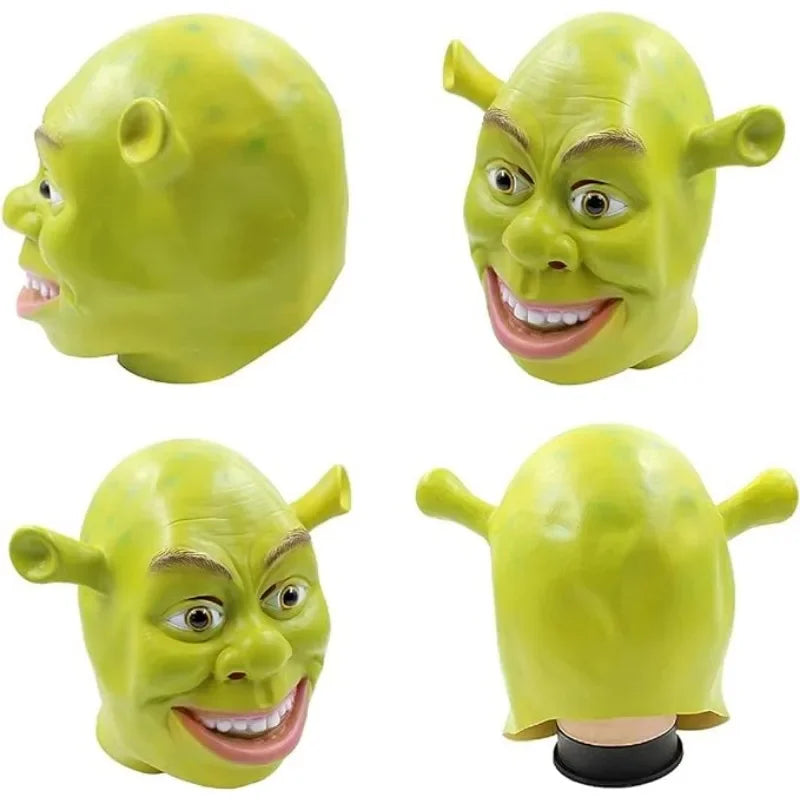 Green ogre head mask with exaggerated features, including protruding ears and wide smile. Shown from different angles: front, side, and back on a white background.