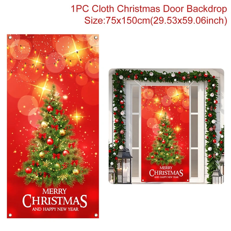 Festive cloth Christmas door backdrop featuring a decorated tree with ornaments and lights on a red background. Text reads "Merry Christmas and Happy New Year," size 75x150cm.
